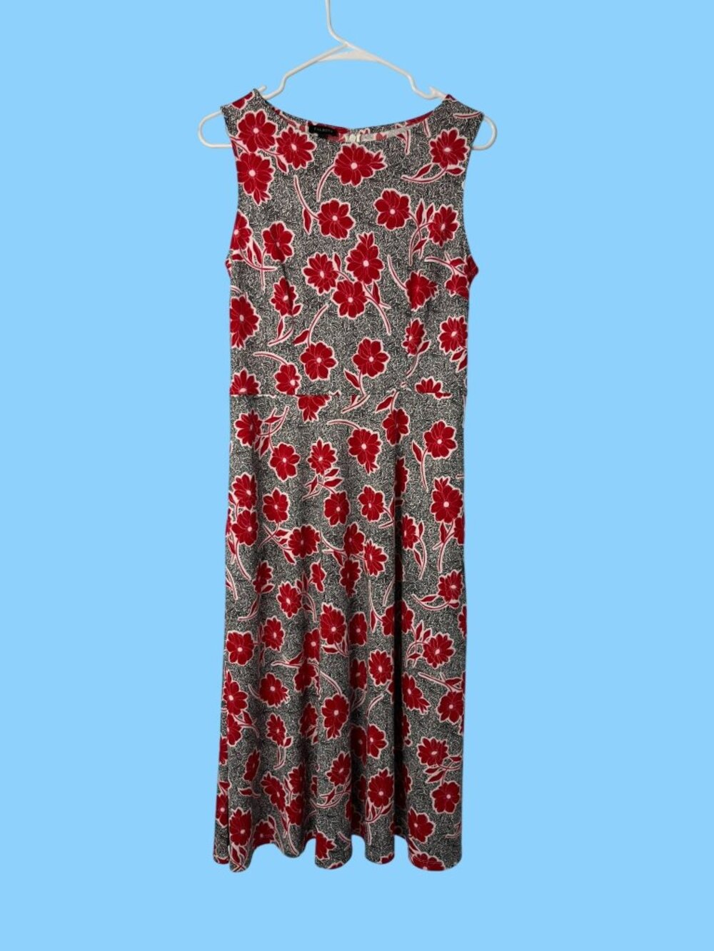 Talbots Womens S Floral Midi Dress Red White Fit Flare Stretch Pockets Modest Us
